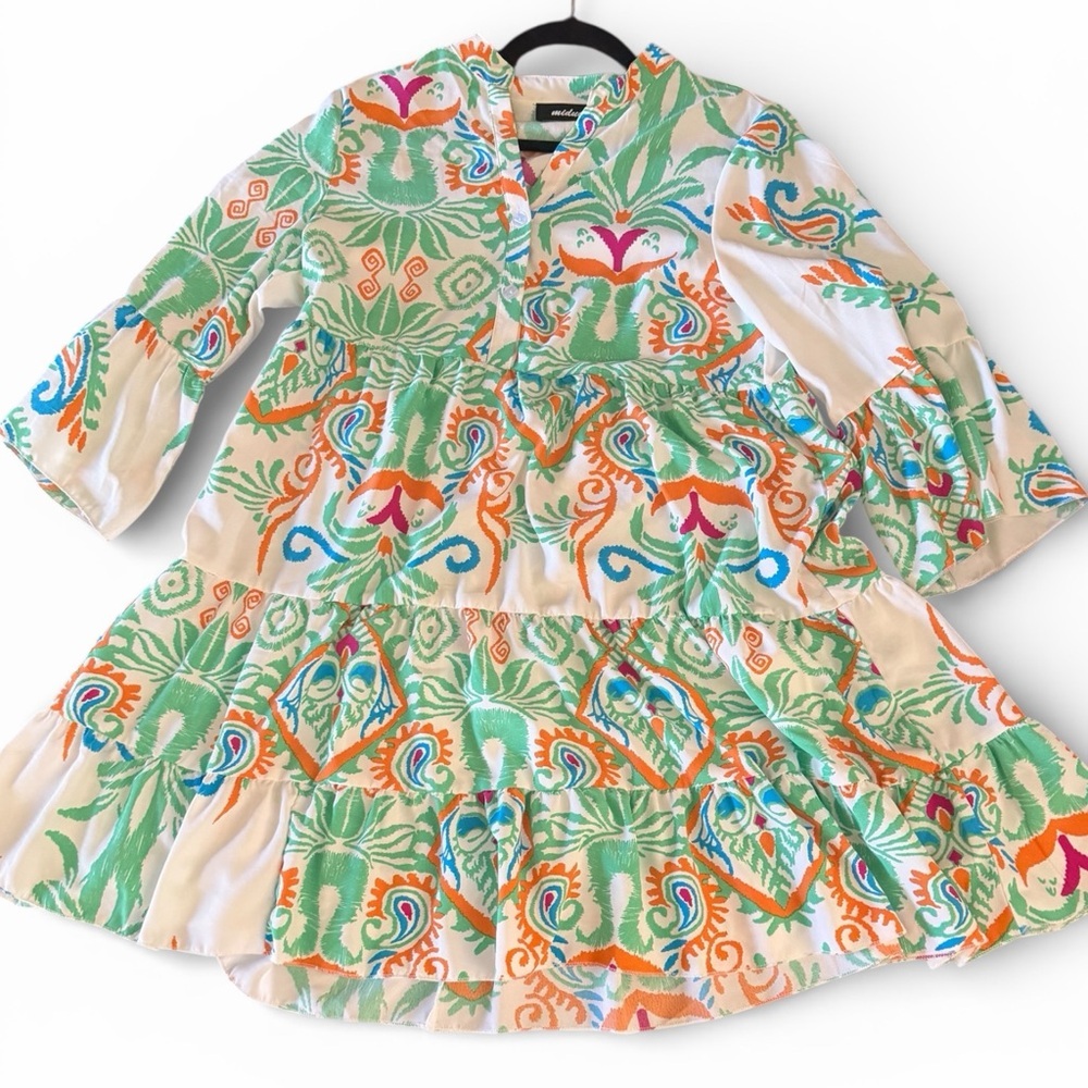 Girls' White Floral Tiered Dress with Green & Orange Print - Picture 2 of 4